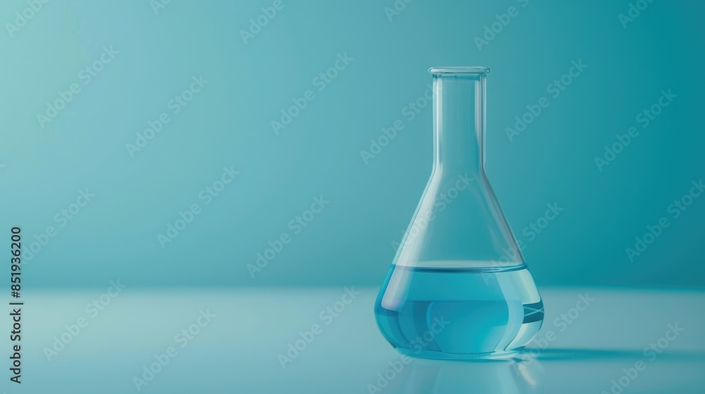 Poster light blue liquid in conical flask on laboratory table text space available