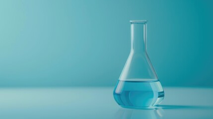 Light blue liquid in conical flask on laboratory table Text space available