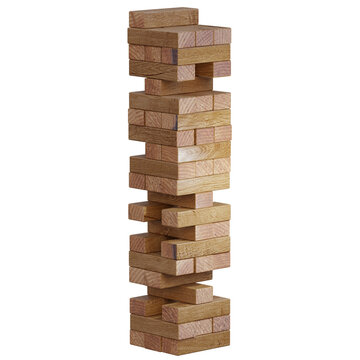 3d render wooden jenga tower with transparent background