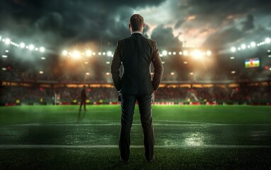 A coach in a suit stands in a stadium at night, illuminated by bright lights with a dramatic sky in the background.