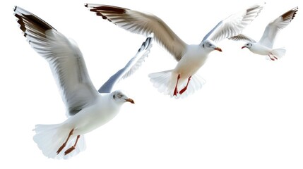 Fototapeta premium Seagulls Flying Isolated on White Background. Birds with Feather Wings Soaring Over the Sea
