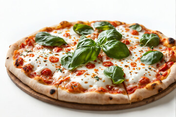 Freshly baked margherita pizza with basil and cherry tomatoes