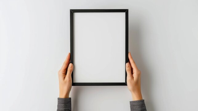 Black photo frame mockup held by woman s hands on white background for frames and posters design Size A4 with copy space