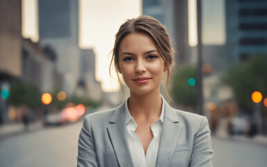 Obraz premium Confident businesswoman standing on city street at sunset