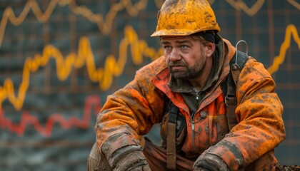 Obraz premium A grimy worker contemplates a stock market downturn, reflecting the impact of economic changes on labor forces