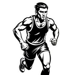 Fototapeta premium sprinter in action, captured midway with a determined expression on his face. Dynamic pose and muscle definition highlight themes of athleticism, speed and endurance