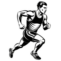 sprinter in action, captured midway with a determined expression on his face. Dynamic pose and muscle definition highlight themes of athleticism, speed and endurance