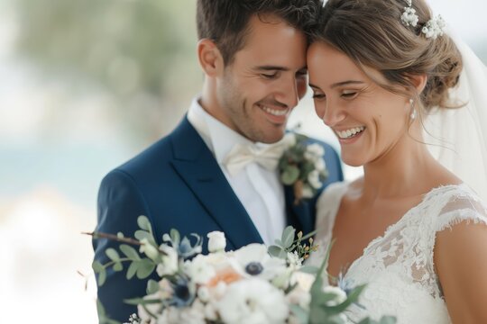 Smiling bride and groom embracing, holding floral bouquet. Joyful wedding moment with love and happiness.