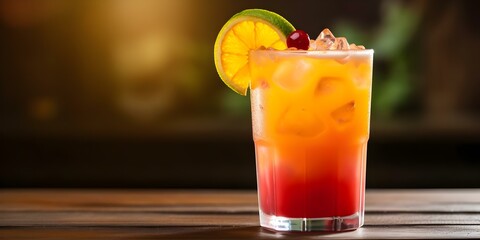 Refreshing Cocktail Choice Tequila Sunrise with Mexican Blend at Restaurant. Concept Cocktails, Tequila Sunrise, Mexican Blend, Restaurant, Refreshing