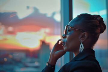 A senior female executive or CEO in business clothing talking on a mobile phone.