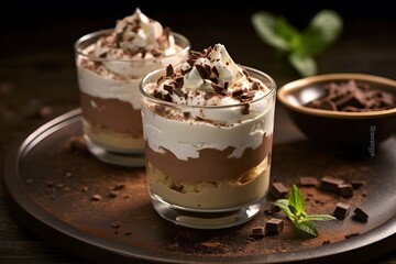 Decadent Chocolate and Vanilla Parfait with Whipped Cream and Chocolate Shavings.