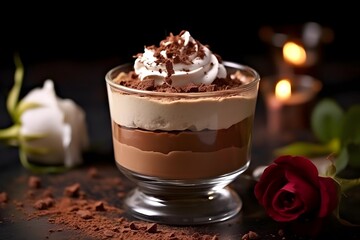 Decadent Chocolate and Vanilla Parfait with Whipped Cream and Chocolate Shavings.