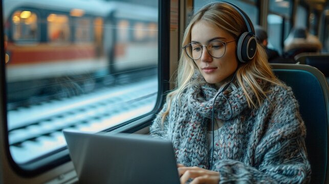 A woman with blonde hair and glasses, engrossed in her laptop on a train journey, wearing headphones and seated by the window, reflecting the concept of working on the go 8K , high-resolution, ultra H