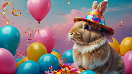 Cute bunny, balloons, holiday background   anniversary