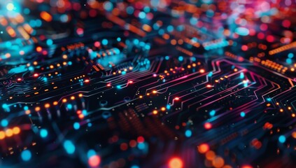 Closeup of an intricate circuit board with glowing lights, representing the complex inner proportions and patterns in technology. The vibrant colors symbolize energy and data flow through connections