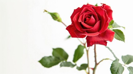 A stunning red rose stands out against a pure white background