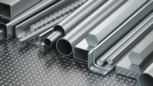 Different metal products. Stainless steel profiles and tubes. 3d animation