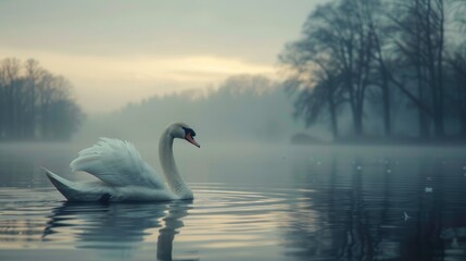 A white swan glides through the lake