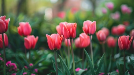 Tulips bloomed in a garden