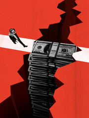 Surreal collage of a person standing at the edge of a chasm filled with stacks of money. Concept of financial risk, temptation, greed, and moral choices on red background.