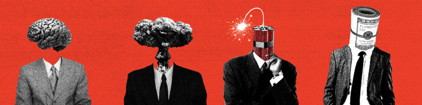 Surreal collage of businessmen with a brain, nuclear explosion, dynamite, and money roll as heads. Concept of intelligence, stress, danger, greed, and corporate mindset.
