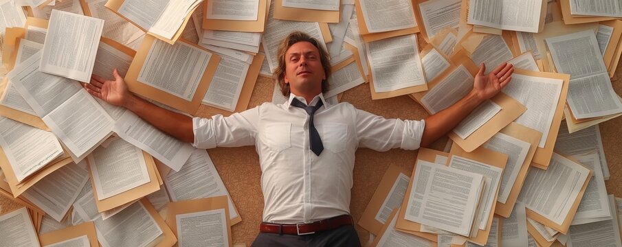 A man lies spread-eagled on the floor covered with open books and documents, a sense of exhaustion