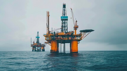Multiple offshore oil rigs in ocean
