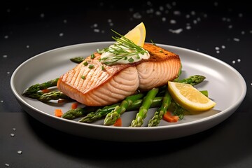 Delicious pan-fried salmon fillet presented with lime and asparagus on a well-organized platter.