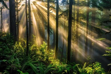 Shine: Morning Sun Rays Through Lush Forest in British Columbia, Canada
