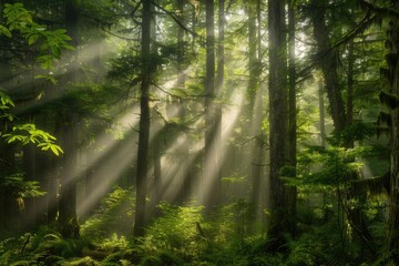 Obraz premium Shine Through a Lush British Columbia Forest: Morning Sunlight Peeking Through the Trees