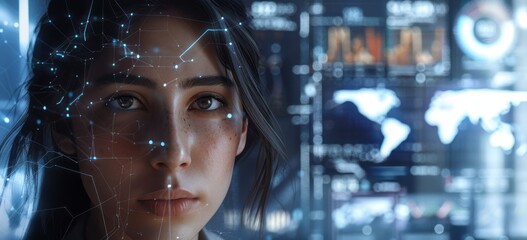 A closeup of an AI interface displaying a facial biometric ID on the face, with digital graphs and data visualization in the background