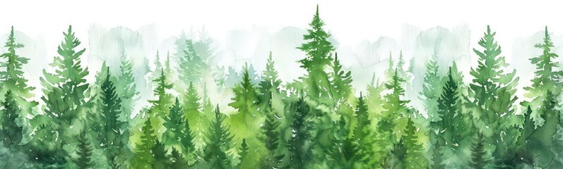 Fototapeta premium Watercolor Forest tree illustration. Mountain landscape. Woodland pine trees. Green Forest