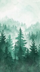 Fototapeta premium Watercolor Forest tree illustration. Mountain landscape. Woodland pine trees. Green Forest