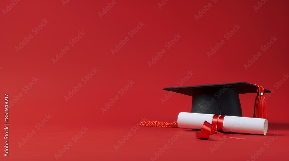 Wall mural Black Graduation Cap and Diploma With Red Ribbon on Red Background - Wall murals