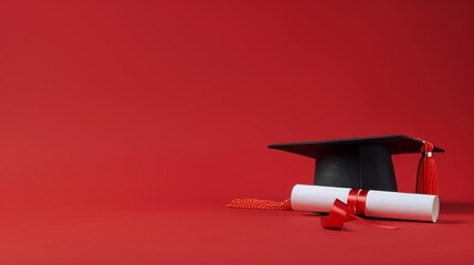 Black Graduation Cap and Diploma With Red Ribbon on Red Background