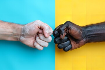 Obraz premium Two fists bump against each other on a blue and yellow background