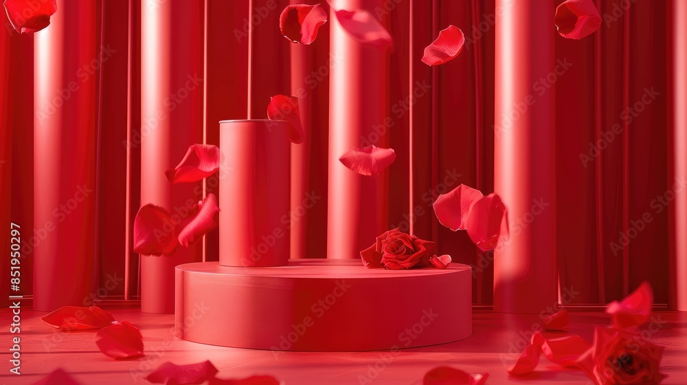 Poster elevate your display game with a striking red product podium set against a sleek backdrop adorned wi