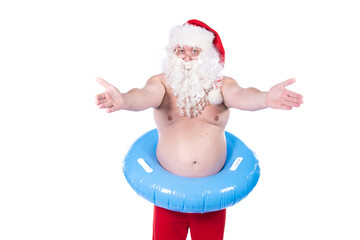 Vacations and holidays. Funny fat man in a Santa Claus costume. White background.