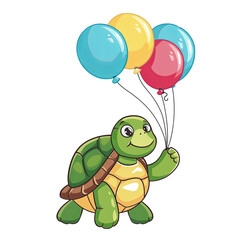 Obraz premium Cute turtle holding birthday balloons, isolated transparent background