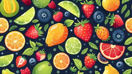 Colorful Fruit Pattern With Strawberries, Citrus, Kiwi, and Blueberries