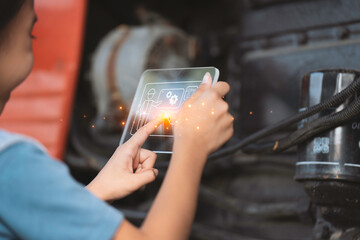 Girl touching a virtual screen, girl is studying and learning about machinery, educational technology
