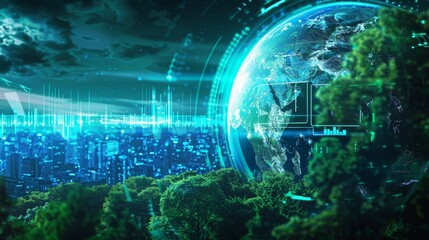 Obraz premium Digital Globe Over Green Forest With Digital Lines
