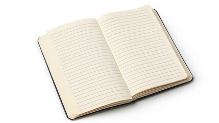 Office notebook with lined paper opened on white background