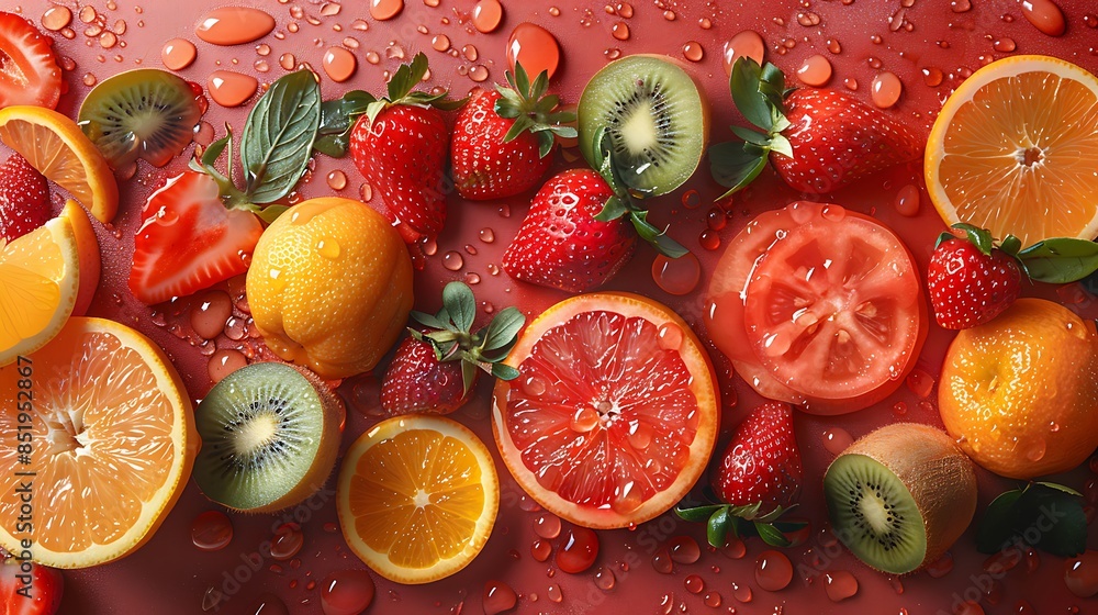 Wall mural A vibrant array of fresh fruits and berries, including oranges, kiwi, strawberries, raspberries, and berries. - Wall murals