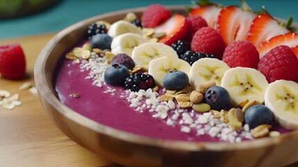 Colorful Acai Smoothie Bowl with Fresh Berries, Banana, and Coconut Toppings.