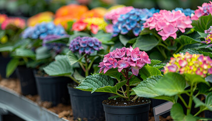 Naklejka premium Pots with planted colorful hydrangea with variegated foliage on showcase of garden center