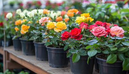 Pots with planted colorful roses with variegated foliage on showcase of garden center