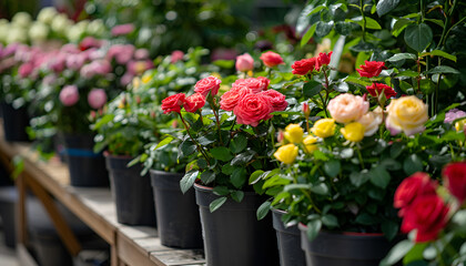 Fototapeta premium Pots with planted colorful roses with variegated foliage on showcase of garden center