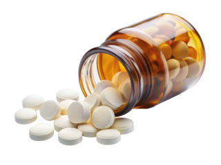 Spilled Pill Bottle With Tablets Isolated Against A White Background. The Brown Bottle And White Tablets Are Used For Medication. Isolated on transparent background, png.