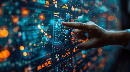 Fototapeta premium A person interacting with a futuristic digital display. The scene is full of dynamic data visualization and technological advancement, exuding a sense of innovation and progress.